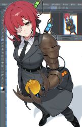  1girl absurdres adobe_photoshop apple arm_armor baral_(project_moon) baral_(project_moon)_(cosplay) belt black_pants black_shoes collared_shirt commentary cosplay eyepatch fake_screenshot food from_above fruit full_body golden_apple highres holding holding_food holding_fruit kim_nyangpeon limbus_company long_coat looking_at_viewer medical_eyepatch medium_hair necktie outside_border pants project_moon prosthesis prosthetic_arm red_hair shirt shoes simple_background solo suit untranslatable_commentary white_background white_shirt wire yuri_(project_moon) 