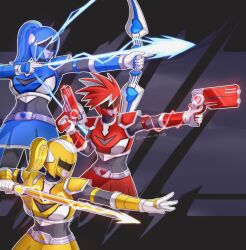  3girls absurdres akiba_blue akiba_red akiba_yellow armor arrow_(projectile) blue_armor blue_helmet blue_skirt bow_(weapon) breasts commission dual_wielding electricity energy_arrow genderswap genderswap_(mtf) group_picture gun helmet highres hikounin_sentai_akibaranger holding holding_arrow holding_bow_(weapon) holding_gun holding_sword holding_weapon multiple_girls p.a.l.m red_armor red_helmet red_skirt skirt sword tokusatsu weapon yellow_armor yellow_helmet yellow_skirt 