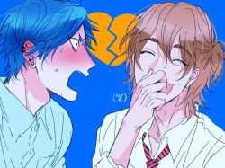  2boys :d adam's_apple blue_background blue_hair blue_shirt blush broken_heart brown_hair closed_eyes collared_shirt commentary_request constricted_pupils diagonal-striped_clothes diagonal-striped_necktie ear_piercing earrings fang from_side furrowed_brow hair_between_eyes half_updo hand_up heart holding_nose jewelry male_focus medium_hair multiple_boys multiple_earrings necktie official_artist_extra ogeretsu_tanaka open_mouth parted_bangs piercing pink_necktie portrait profile rejection shirt short_eyebrows short_side_ponytail simple_background sleeves_rolled_up smile striped_clothes stud_earrings sweat tamura_yui thick_eyebrows translation_request v-shaped_eyebrows white_shirt wide-eyed yaguchi_kyousuke yarichin_bitch-bu 