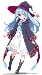  1girl black_boots black_hat blue_bow blue_bowtie blue_hair blush boots bow bowtie buttons closed_mouth coat collared_dress commentary_request dot_nose dress full_body hair_between_eyes hat highres hood hood_down hooded_coat kotatsu-mazoku long_hair long_sleeves looking_at_viewer open_clothes open_coat original red_eyes sidelocks simple_background smile solo standing standing_on_one_leg star_(symbol) white_background white_dress wide_sleeves witch_hat 