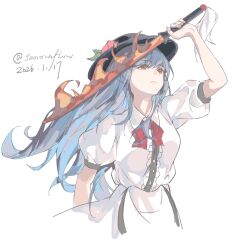  1girl absurdres arm_up artist_name black_hat blue_hair center_frills collared_shirt cropped_torso dated frills hashtag-only_commentary hat hat_ornament head_back highres hinanawi_tenshi holding holding_sword holding_weapon leaf_hat_ornament long_hair looking_up momoverflow neck_ribbon peach_hat_ornament puffy_short_sleeves puffy_sleeves red_eyes red_ribbon ribbon shirt short_sleeves simple_background sleeve_cuffs solo sword sword_of_hisou touhou weapon white_background white_shirt 