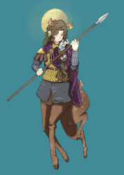  1girl absurdres alternate_costume animal_ears aqua_background armor belt brown_belt brown_hair byzantine_clothes byzantine_empire cape centauroid chinese_commentary closed_mouth commentary_request daisy_(flower) deer_ears deer_girl deer_tail ear_tag flower full_body gloves gold_armor green_eyes hair_flower hair_ornament highres holding holding_polearm holding_weapon jessica_(reverse:1999) long_hair looking_at_viewer parted_bangs polearm purple_cape rerken reverse:1999 roman_armor scale_armor sidelocks simple_background solo spear tail taur vambraces weapon white_flower white_gloves 