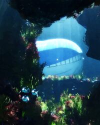  absurdres blue_eyes blue_skin blue_whale colored_skin commentary coral_reef dappled_sunlight fish glowing glowing_eye grass highres no_humans ocean pokemon rivalclay seaweed smile sunlight swimming teeth underwater wailord water water_type_theme_(pokemon) whale wishiwashi wishiwashi_(solo) 