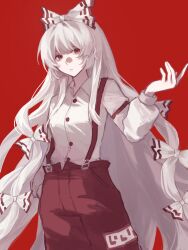  1girl bow buttons closed_mouth collared_shirt commentary_request cowboy_shot fujiwara_no_mokou hair_bow hand_up highres index_finger_raised long_hair long_sleeves looking_at_viewer ofuda ofuda_on_clothes over3ea pants procreate_(medium) puffy_long_sleeves puffy_sleeves red_background red_eyes red_pants shirt skirt sleeve_cuffs solo standing suspenders touhou very_long_hair white_bow white_hair white_shirt 