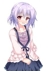  1boy arm_behind_back asuka_minato black_skirt blue_hair blush braid clenched_hand collarbone commentary cowboy_shot dress embarrassed frilled_skirt frilled_sleeves frills frown furrowed_brow hair_between_eyes highres long_sleeves male_focus medium_hair nose_blush open_mouth otome_domain pink_dress purple_shirt red_eyes shirt side_braid simple_background single_braid skirt solo tareme tearing_up trap white_background wide_sleeves wistar1as 