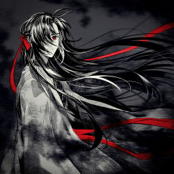  1boy ahoge aura black_hair black_smoke chinese_clothes closed_mouth coat commentary_request floating_hair from_side greyscale hair_down hair_over_one_eye hair_ribbon half_updo hanfu highres long_hair long_sleeves looking_at_viewer male_focus melmerry modao_zushi monochrome official_alternate_costume official_alternate_hairstyle one_eye_covered red_eyes red_ribbon red_sash ribbon robe sash sidelocks smile solo spot_color upper_body very_long_hair wei_wuxian wei_wuxian_(yiling_laozu) wind 