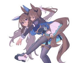  2girls absurdres admire_vega's_twin_sister_(umamusume) admire_vega_(starry_nocturne)_(umamusume) admire_vega_(umamusume) animal_ears asymmetrical_footwear black_gloves black_pantyhose black_shoes brown_hair carrying carrying_person commentary_request ear_covers fingerless_gloves gloves hama_fazer highres horse_ears horse_girl horse_tail long_hair miniskirt mismatched_footwear mixed-language_commentary multiple_girls pantyhose piggyback ponytail shoes siblings simple_background single_ear_cover sisters skirt tail twins umamusume white_background white_shoes white_skirt 