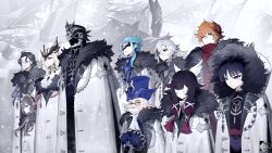  4girls 6+boys ahoge aiguillette arlecchino_(genshin_impact) ascot asymmetrical_bangs banner bare_shoulders black_bow black_eyes black_hair black_helmet black_mask black_shirt blue_ascot blue_eyes blue_gloves blue_hair blue_hat blunt_bangs blunt_ends blunt_tresses bonnet bow bowtie breasts bright_pupils brown_hair cane capitano_(genshin_impact) closed_eyes closed_mouth coat collarbone colored_tips columbina_(genshin_impact) commentary_request crystal crystal_earrings dated dottore_(genshin_impact) dress earrings eye_mask eyeliner eyes_visible_through_eyewear eyeshadow facial_hair facing_away facing_to_the_side fatui_coat fatui_logo feathered_wings fur-trimmed_coat fur-trimmed_hood fur-trimmed_sleeves fur_trim gem genshin_impact glass gloves gold hair_bow hair_ornament hair_over_shoulder hair_ribbon hat head_wings height_difference helm helmet highres holding holding_cane hood hood_down hood_up hooded_coat jewelry lapels light_smile long_hair looking_at_viewer looking_to_the_side makeup mask mask_on_head medium_breasts medium_hair mitsudomoe_(shape) multicolored_hair multiple_boys multiple_girls multiple_wings mustache neck_ring open_clothes open_coat orange_hair pantalone_(genshin_impact) parted_lips pierro_(genshin_impact) pink_hair pointy_ears pulcinella_(genshin_impact) purple_gem purple_rope purple_sash red_eyeliner red_eyeshadow red_gem red_lips red_mask red_sash red_scarf ribbon rope round_eyewear sandrone_(genshin_impact) sash scaramouche_(genshin_impact) scarf semi-rimless_eyewear shako_cap shimenawa shirt short_hair short_hair_with_long_locks sidelocks sideways_mouth signora_(genshin_impact) smile smirk strapless strapless_dress streaked_hair swept_bangs symbol-shaped_pupils tartaglia_(genshin_impact) tomoe_(symbol) tress_ribbon tsurime turtleneck turtleneck_shirt undershirt violet_eyes watermark white_ascot white_bonnet white_bow white_bowtie white_coat white_dress white_hair white_mask white_mouth white_pupils white_ribbon white_rope white_wings wing_hair_ornament wings wispy_bangs x-shaped_pupils yellow_eyes zeroartwo 