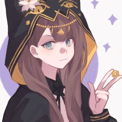  1girl :3 animal_hood arknights between_fingers black_collar black_jacket black_ribbon blue_eyes brown_hair cat_hood closed_mouth coin collar commentary_request detached_collar ear_piercing flower grey_background hand_up highres holding holding_coin holed_coin hood hood_up hooded_jacket jacket long_hair long_sleeves looking_at_viewer neck_ribbon open_clothes open_jacket over3ea pepe_(arknights) piercing portrait procreate_(medium) puffy_long_sleeves puffy_sleeves ribbon sideways_glance simple_background solo v white_flower 