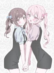  2girls :d akiyama_mizuki black_dress blue_bow blue_sleeves blush bow brown_eyes brown_hair colored_eyelashes commentary dress eyelashes hair_between_eyes hair_bow highres holding_hands interlocked_fingers long_eyelashes long_hair looking_at_viewer mizu_non_(non) multiple_girls open_mouth outline pink_eyes pink_hair pink_sleeves ponytail project_sekai red_bow shinonome_ena short_sleeves side_ponytail simple_background smile untranslatable_commentary white_background white_outline 