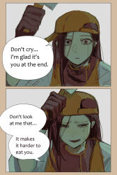  1girl absurdres backwards_hat black_gloves butcher_vanity_(synthesizer_v) cleaver crying crying_with_eyes_open english_text gloves hat highres holding holding_cleaver jacket mizukuni open_clothes open_jacket open_mouth red_shirt shirt simple_background synthesizer_v tears teeth white_jacket yellow_hat yi_xi_(synthesizer_v) 