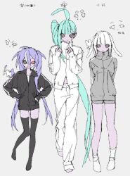  1boy 2girls :d ahoge animal_ears arms_behind_back asymmetrical_bangs baggy_pants barefoot black_jacket black_thighhighs blunt_bangs breasts cat closed_mouth colored_skin commentary familiar feet_up floppy_ears full_body genderswap genderswap_(ftm) genderswap_(mtf) green_eyes grey_background grey_jacket grey_shorts hair_between_eyes hands_on_own_hips height_difference heterochromia highres huge_ahoge jacket jaggy_lines long_hair long_sidelocks looking_at_viewer medium_breasts medium_hair midriff_peek mismatched_eyes multicolored_hair multiple_girls original pants pink_skin purple_hair rabbit rabbit_ears red_eyes short_eyebrows shorts side_ponytail sidelocks single_hair_streak single_sidelock sleeves_past_wrists small_breasts smile socks standing streaked_hair striped_clothes striped_jacket striped_pants striped_shorts susushi_11 sweatdrop thick_eyebrows thigh-highs track_jacket twintails untranslatable_commentary vertical-striped_clothes vertical-striped_jacket vertical-striped_pants vertical-striped_shorts very_long_hair walking white_hair white_jacket white_pants white_socks white_streaks 