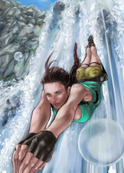  1girl belt braid brown_eyes brown_hair commentary_request diving fingerless_gloves gloves gun handgun highres holster kabuki662 lara_croft long_hair shorts solo tank_top tomb_raider water water_drop waterfall weapon 