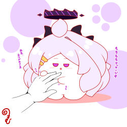  1girl 1other :d ahoge artist_logo black_horns blue_archive blush chibi colored_shadow commentary_request disembodied_hand full_body hair_ornament hairclip halo highres hina_(blue_archive) holding_hands horns jitome kurukurumagical logo long_hair mechanical_halo multiple_horns open_mouth parallel_hairclips purple_hair purple_halo shadow single_hair_intake smile standing translation_request violet_eyes white_background 