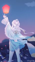  1girl artist_request back chinese_clothes clouds cloudy_sky hair_ornament highres honkai_(series) honkai_impact_3rd kneepits lantern outdoors outstretched_arm second-party_source sky solo sunset theresa_apocalypse thigh-highs white_hair white_thighhighs zhuge_kongming_(honkai_impact) 