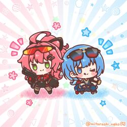  2girls ;q absurdres ahoge baseball_bat blue_background blue_eyes blue_pants blush_stickers character_request chibi chibi_only closed_mouth commentary_request eyewear_on_head full_body goggles goggles_on_head green_eyes gun hair_intakes hair_ornament hairclip highres holding holding_baseball_bat holding_gun holding_weapon hololive long_hair mitarashi_neko multiple_girls notice_lines one_eye_closed pants parallel_hairclips pink_background pink_hair sakura_miko short_hair sitting smile standing star_(symbol) sunburst sunburst_background sunglasses tongue tongue_out twitter_username two-tone_background weapon 