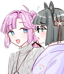  2girls ahoge animal_ear_hairband animal_ears anyoji_hime anyoji_hime_(winter_casual) black-framed_eyewear black_hair black_hairband black_ribbon blue_eyes blunt_bangs blunt_ends blush bob_cut cat_ear_hairband cat_ears detached_ahoge fake_animal_ears glasses green_eyes grey_sweater hair_intakes hair_ribbon hairband highres japanese_clothes jewelry kimono link!_like!_love_live! long_hair looking_at_another love_live! momose_ginko momose_ginko_(winter_casual) multi-tied_hair multiple_girls necklace open_mouth pink_hair ponytail profile purple_kimono raised_inner_eyebrows ribbon short_hair sidelocks simple_background sweater turtleneck turtleneck_sweater virtual_youtuber white_background yukata zangemiya 