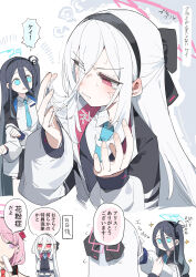  3girls absurdres anger_vein aris_(blue_archive) black_bow black_hair black_skirt blue_archive blue_eyes blue_necktie bow closed_mouth collared_shirt commentary_request eimi_(blue_archive) hair_bow halo highres jacket kei_(blue_archive) kei_(new_body)_(blue_archive) long_hair maton_3110 multiple_girls multiple_views necktie pink_eyes pink_hair pink_halo pleated_skirt red_necktie ringed_eyes runny_nose shirt sick side_ponytail skirt sneezing snot tearing_up white_hair white_jacket white_shirt wiping_nose 