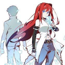  1boy 1girl aozaki_aoko blue_eyes blue_flower clenched_hands commentary_request denim dress elbow_gloves floating_clothes floating_hair flower gloves glowing glowing_eyes glowing_hair hair_between_eyes hair_intakes highres holding holding_flower jacket jeans long_hair looking_at_viewer mahou_tsukai_no_yoru midriff navel numuhe pants popped_collar serious shizuki_soujuurou short_hair sleeveless sleeveless_dress standing super_aoko torn_clothes torn_jeans torn_pants very_long_hair wavy_hair white_dress 