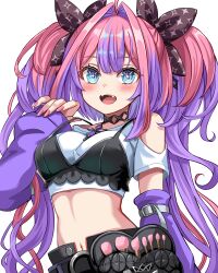  1girl absurdres ahoge arm_warmers blue_eyes breasts chanmarorux clothing_cutout commentary_request fangs highres hololive hololive_dev_is kikirara_vivi kikirara_vivi_(1st_costume) long_hair medium_breasts midriff multicolored_hair navel pink_hair pink_nails purple_arm_warmers purple_hair shoulder_cutout strap_lift twintails two-tone_hair virtual_youtuber white_background 