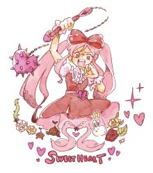  1girl bow character_name commentary_request double-parted_bangs dress flail forest_bunny_(omori) hair_bow heart highres holding holding_flail holding_weapon long_hair long_sidelocks omori open_mouth pink_bow pink_dress polka_dot polka_dot_bow puffy_short_sleeves puffy_sleeves short_sleeves sidelocks simple_background smile solo sprout_mole sweetheart_(omori) teeth tongue twintails upper_teeth_only weapon white_background zunda_e_damame 