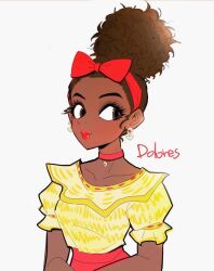  1girl animification bare_arms bow_hairband breasts brown_eyes brown_hair character_name choker closed_mouth dark-skinned_female dark_skin dolores_madrigal earrings encanto flat_color frilled_sleeves frills grey_background hair_behind_ear hairband heart heart_earrings heki_(miss60250) jewelry looking_at_viewer puffy_short_sleeves puffy_sleeves red_choker red_hairband red_lips red_skirt shirt shirt_tucked_in short_hair short_sleeves sideways_glance simple_background skirt small_breasts smile solo upper_body yellow_shirt 