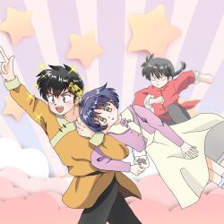  1girl 2boys :d :o black_hair blue_hair braid brown_eyes chinese_clothes commentary_request cowboy_shot dragging dress fang hairband hibiki_ryouga highres multiple_boys pink_hairband purple_background ranma_1/2 saotome_ranma short_hair smile star_(symbol) takotakoagare85 tendou_akane v-shaped_eyebrows white_dress 