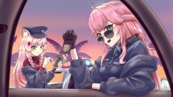 2girls absurdres aivy_lovencraft animal_ears cat_ears cat_girl closed_mouth commentary ericoatl green_eyes highres indie_virtual_youtuber long_hair looking_at_viewer misa_miau multiple_girls pink_hair police police_uniform spanish_commentary sunglasses virtual_youtuber