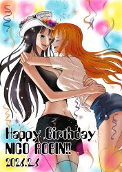  2girls ^_^ absurdres balloon black_hair black_shirt black_skirt blue_eyes blunt_bangs character_name closed_eyes commentary_request cowboy_hat dated happy_birthday hat highres hug long_hair looking_at_another midriff multiple_girls nami_(one_piece) navel nico_robin one_piece orange_hair shirt shorts skirt strcd_61 white_hat white_shirt 