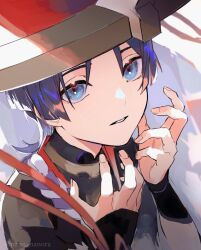  1boy armor black_bodysuit black_kimono blue_eyes blunt_ends bodysuit choppy_bangs commentary_request curled_fingers fingernails genshin_impact gold grey_veil hands_up hat highres japanese_armor japanese_clothes jewelry jingasa juban kimono kote kurokote looking_at_viewer male_focus mandarin_collar nanora_(sero4) neck_ring open_hands parted_lips portrait purple_hair purple_rope red_hat red_kimono rope scaramouche_(genshin_impact) shimenawa solo twitter_username veil white_background white_mouth white_rope 