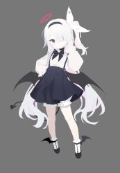  1girl absurdres alternate_costume black_choker black_eyes black_hairband black_skirt bloomers blue_archive bow choker closed_mouth colored_inner_hair demon_tail demon_wings full_body grey_background hair_over_one_eye hairband halo hashtag-only_commentary highres long_hair long_sleeves looking_at_viewer low_wings multicolored_hair pink_halo plana_(blue_archive) red_halo red_pupils shirt shoes simple_background skirt socks solo suspender_skirt suspenders tail very_long_hair white_hair white_shirt white_socks wings yushan_liang_sheng 
