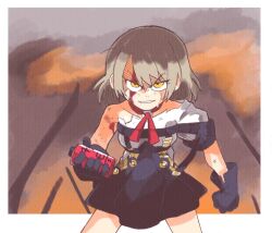  1girl black_dress black_gloves blood blood_from_forehead blood_on_arm blood_on_face commission cowboy_shot dress explosive girls_frontline gloves grenade grey_hair holding holding_grenade inkerton-kun looking_at_viewer neck_ribbon parted_lips red_ribbon ribbon second-party_source short_dress short_hair short_sleeves smile solo torn_clothes torn_dress torn_sleeve two-tone_dress v-shaped_eyebrows vector_(girls'_frontline) white_dress yellow_eyes 