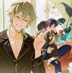  2boys absurdres animal_on_lap apple asymmetrical_sleeves aventurine_(honkai:_star_rail) azsxstar black_gloves black_pants black_shirt blonde_hair blue_hair blue_jacket cleavage_cutout clothing_cutout coat collared_shirt couch curtains double-parted_bangs dr._ratio_(honkai:_star_rail) figure_four_sitting fingerless_gloves food fruit gloves gold_trim grin hair_between_eyes hand_to_own_mouth highres holographic_monitor honkai:_star_rail honkai_(series) indoors jacket looking_at_viewer male_focus medium_hair multicolored_eyes multiple_boys on_lap pants parted_hair picture_frame pointing reading shirt shoes sitting smile window wing_collar 