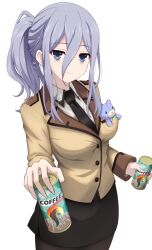  1girl bags_under_eyes black_necktie black_pantyhose black_skirt blue_eyes breasts brown_jacket can collared_shirt commentary_request date_a_live drink_can formal_clothes hair_between_eyes highres jacket lapels large_breasts lime_ill_10 long_hair long_sleeves looking_at_viewer murasame_reine necktie pantyhose shirt side_ponytail skirt solo stuffed_animal stuffed_toy teddy_bear white_background white_shirt 