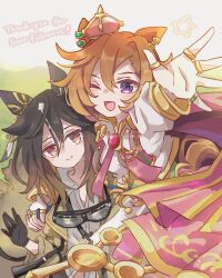  2girls animal_ears asymmetrical_shirt black_gloves black_hair blush breasts brown_eyes brown_hair cape closed_mouth coat commentary_request crown ear_covers gloves goggles goggles_around_neck gold_corset hair_between_eyes horse_ears horse_girl horse_tail jewelry knife_sheath long_hair long_sleeves looking_at_viewer mini_crown mokuroo multicolored_hair multiple_girls multiple_rings one_eye_closed open_mouth orange_hair orange_tail pants pink_cape pink_crown ring sheath shirt short_hair skirt smile star_(symbol) stay_gold_(sunlit_outsider)_(umamusume) stay_gold_(umamusume) t.m._opera_o_(o_sole_suo!)_(umamusume) t.m._opera_o_(umamusume) tail two-tone_skirt umamusume violet_eyes white_hair white_shirt wrist_belt yellow_coat 