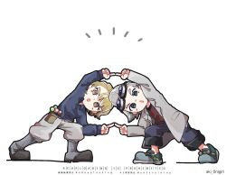  2boys aki_0nigiri animification blonde_hair blue_eyes blue_pants blue_sweater boots coat dr._stone dragon_ball dragon_ball_z eyewear_on_head food full_body fusion_dance goggles goggles_on_head goggles_on_headwear grey_coat grey_hair grey_jacket grey_pants jacket lab_coat long_sleeves looking_at_viewer male_focus multiple_boys open_mouth pants red_shirt shirt shoes short_hair simple_background smile sneakers standing stanley_snyder_(dr.stone) sweater white_background xeno_(dr.stone) yellow_eyes 