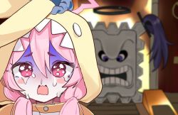  1girl blue_archive commentary_request crying crying_with_eyes_open danganronpa_(series) hair_between_eyes halo hood hooded_pajamas koyuki_(blue_archive) koyuki_(pajamas)_(blue_archive) long_hair low_twintails mochini official_alternate_costume onesie open_mouth pajamas parody pink_eyes pink_hair pink_halo rabbit_pajamas solo super_mario_bros. sweat tears thwomp turn_pale twintails upper_body wavy_eyes yellow_pajamas yuuka_(blue_archive) 