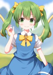  1girl alternate_hairstyle blue_skirt blue_vest blurry blurry_background blush bow bowtie closed_mouth collared_shirt commentary_request completion_time cowboy_shot daiyousei double-parted_bangs fairy_wings green_eyes green_hair hair_between_eyes hair_bow hand_up highres long_hair looking_at_viewer ruu_(tksymkw) shirt short_sleeves skirt skirt_set smile solo touhou twintails vest white_shirt wings yellow_bow yellow_bowtie 
