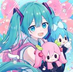  1girl absurdres aqua_eyes aqua_hair backpack bag balloon black_sleeves blush collared_shirt commentary_request detached_sleeves hair_ornament hatsune_miku highres holding holding_stuffed_toy long_hair looking_at_viewer miku_day oosaka_rei open_mouth sakura_miku school_bag shirt sleeveless sleeveless_shirt smile stuffed_toy twintails utaite very_long_hair vocaloid white_shirt 