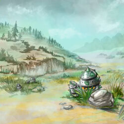  clouds cloudy_sky commentary drawingpkmneveryday english_commentary ferroseed grass highres no_humans outdoors painterly pokemon pokemon_(creature) pokemon_focus rock sky spikes tree 