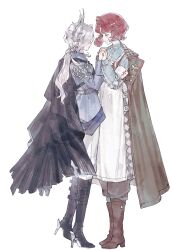  2girls absurdres armband black_boots black_cape blue_jacket blue_shirt boots brown_boots cape chinese_commentary closed_eyes closed_mouth commentary_request face-to-face from_side full_body green_cape grey_hair grey_pants hair_ornament highres holding_hands jacket long_hair long_skirt low_ponytail marsha_(reverse:1999) military_uniform multiple_girls pants pants_under_skirt ponytail profile red_hair reverse:1999 rod_of_asclepius sentinel_(reverse:1999) shirt short_hair skirt smile wan'an_xiao_mao white_armband white_pants white_skirt yuri 