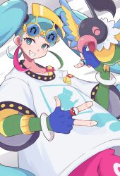  1girl absurdres bird blue_eyes blue_gloves blue_hair bracelet chatot closed_eyes colored_sidelocks fingerless_gloves gloves goggles goggles_on_head hatsune_miku highres jewelry long_hair normal_miku_(project_voltage) piyo_to_game pokemon pokemon_(creature) project_voltage ring shirt smile standing t-shirt twintails v very_long_hair vocaloid 