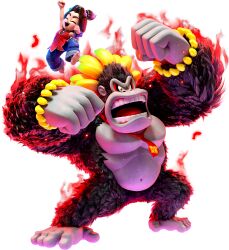  1boy 1girl 3d alternate_form angry ape arm_up artist_request aura banana barefoot blue_pants bracelet brown_fur brown_hair clenched_hands closed_eyes donkey_kong donkey_kong_(series) donkey_kong_bananza eyelashes food fruit gorilla gums highres jewelry kong_bananza navel necktie nostris official_art open_mouth pants pauline_(mario) pauline_(young)_(mario) red_necktie red_shirt shirt smile standing teeth third-party_source transparent_background yellow_eyes 