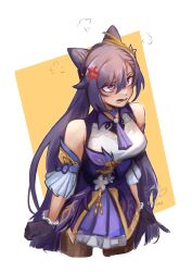  1girl absurdres anger_vein angry armpit_crease artist_logo artist_name bare_shoulders black_gloves breasts brown_pantyhose collared_dress commentary cone_hair_bun cowboy_shot detached_sleeves double_bun dress dress_flower english_commentary flower frilled_gloves frills genshin_impact gloves hair_between_eyes hair_bun hair_flower hair_ornament head_steam highres keqing_(genshin_impact) logo long_hair medium_breasts multicolored_dress neck_tassel open_collar pantyhose parted_bangs pink_eyes pleated_dress purple_dress purple_hair rey_yeet short_dress sleeveless sleeveless_dress solo standing straight_hair swept_bangs tassel three-quarter_sleeves underbust watermark white_background white_dress white_flower wing_collar yellow_eyes 