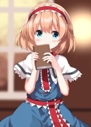  1girl alice_margatroid blonde_hair blue_dress blue_eyes blurry blush book capelet commentary_request completion_time depth_of_field dress frilled_hairband frilled_sash frills hairband highres holding holding_book indoors looking_at_viewer medium_hair red_hairband ruu_(tksymkw) sash solo touhou waist_sash white_capelet window 
