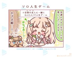  1girl :d barefoot between_legs blue_shirt blush_stickers bow braid brown_hair chibi closed_eyes commentary_request crop_top dated hair_bow hand_between_legs headphones headphones_around_neck highres holding hololive kazama_iroha kazama_iroha_(street) long_hair midriff mitarashi_neko pokobee shirt short_sleeves shorts sitting smile tears translation_request trembling twitter_username very_long_hair virtual_youtuber wariza white_bow 