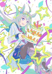  1girl absurdres ahoge animal_ears blue_eyes blue_sailor_collar blue_skirt boots breasts brooch cake carrot commentary_request confetti ear_ornament food giya_(pipiluku) grey_hair grey_tail hair_between_eyes hair_ornament hairband highres horse_ears horse_girl horse_tail jacket jewelry long_hair long_sleeves navel neckerchief oguri_cap_(starlight_beat)_(umamusume) oguri_cap_(umamusume) open_mouth panties pantyshot pleated_skirt red_neckerchief sailor_collar shirt skirt smile solo star_(symbol) star_brooch streamers tail umamusume underwear white_boots white_jacket white_shirt 