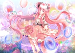  alternate_hairstyle balloon bare_shoulders barefoot belt black_belt black_scrunchie blue_sky blunt_bangs bra_strap brown_eyes closed_mouth commentary day dot_nose english_commentary eyelashes figii flower frilled_shirt frilled_skirt frills garden hair_ornament hair_scrunchie happy highres holding holding_wand infinity_nikki layered_skirt long_hair long_sidelocks long_sleeves looking_at_viewer medium_skirt nikki_(nikki) nikki_(series) off-shoulder_shirt off_shoulder offering_hand outdoors perfect_start_(infinity_nikki) pink_flower pink_hair pink_skirt puffy_long_sleeves puffy_sleeves rainbow scrunchie shirt sidelocks sitting skirt sky smile tareme twintails very_long_hair wand wavy_hair white_shirt white_skirt 