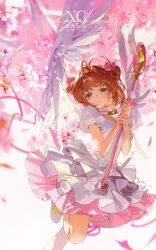  1girl absurdres brown_hair cardcaptor_sakura cherry_blossoms commentary dress green_eyes highres kinomoto_sakura kinomoto_sakura_(astral_sakura) looking_at_viewer magical_girl parted_lips petals short_hair shycocoa untranslatable_commentary wand 