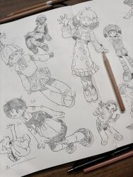  beanie commentary_request dress hat highres long_sleeves monochrome multiple_girls onoconokoko0625 original short_hair smile traditional_media visor_cap 